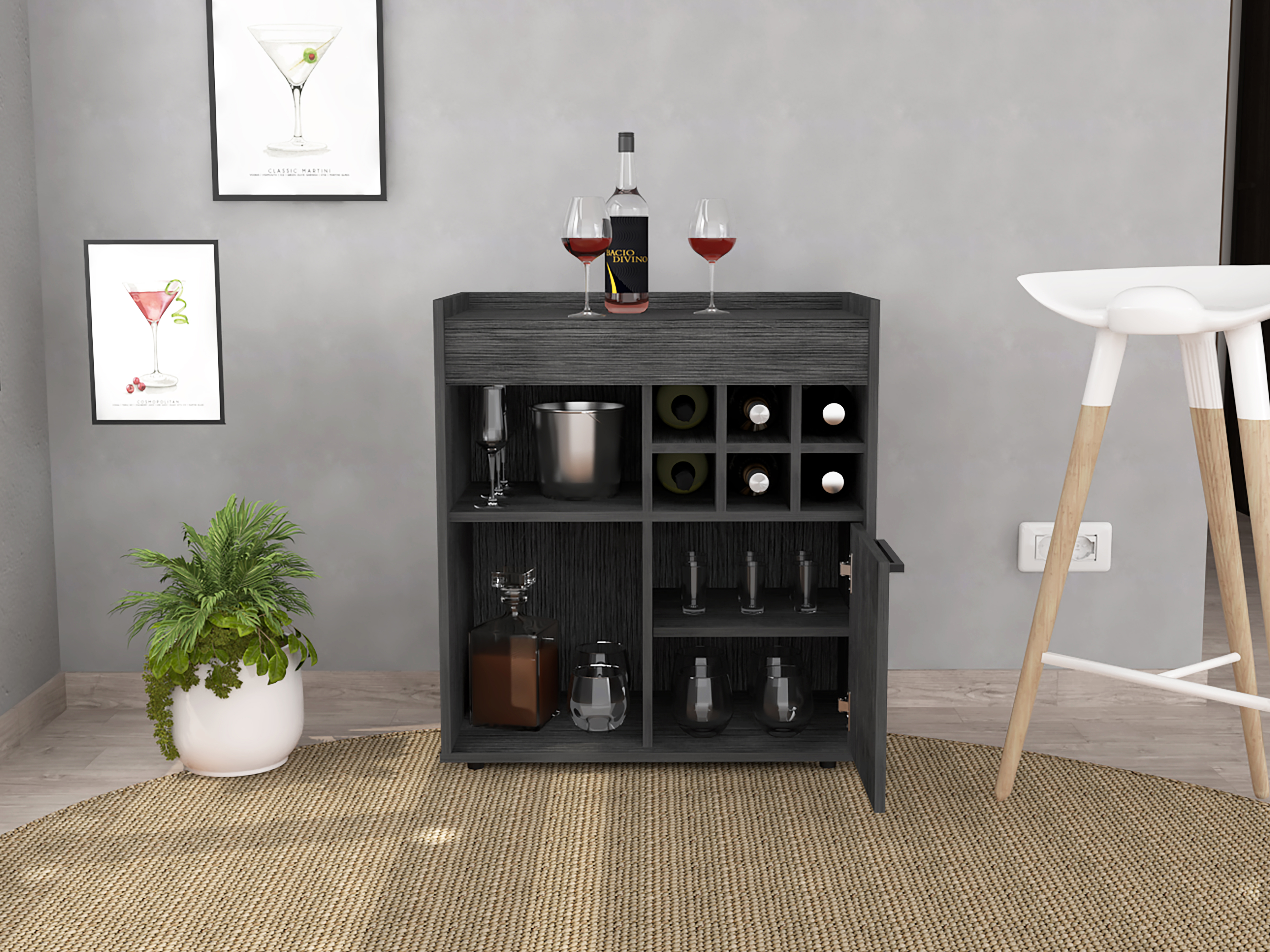 Lyon Bar Cabinet, Six Cubbies, Cabinet With Divisions, Two Concealed Shelves -Light Gray